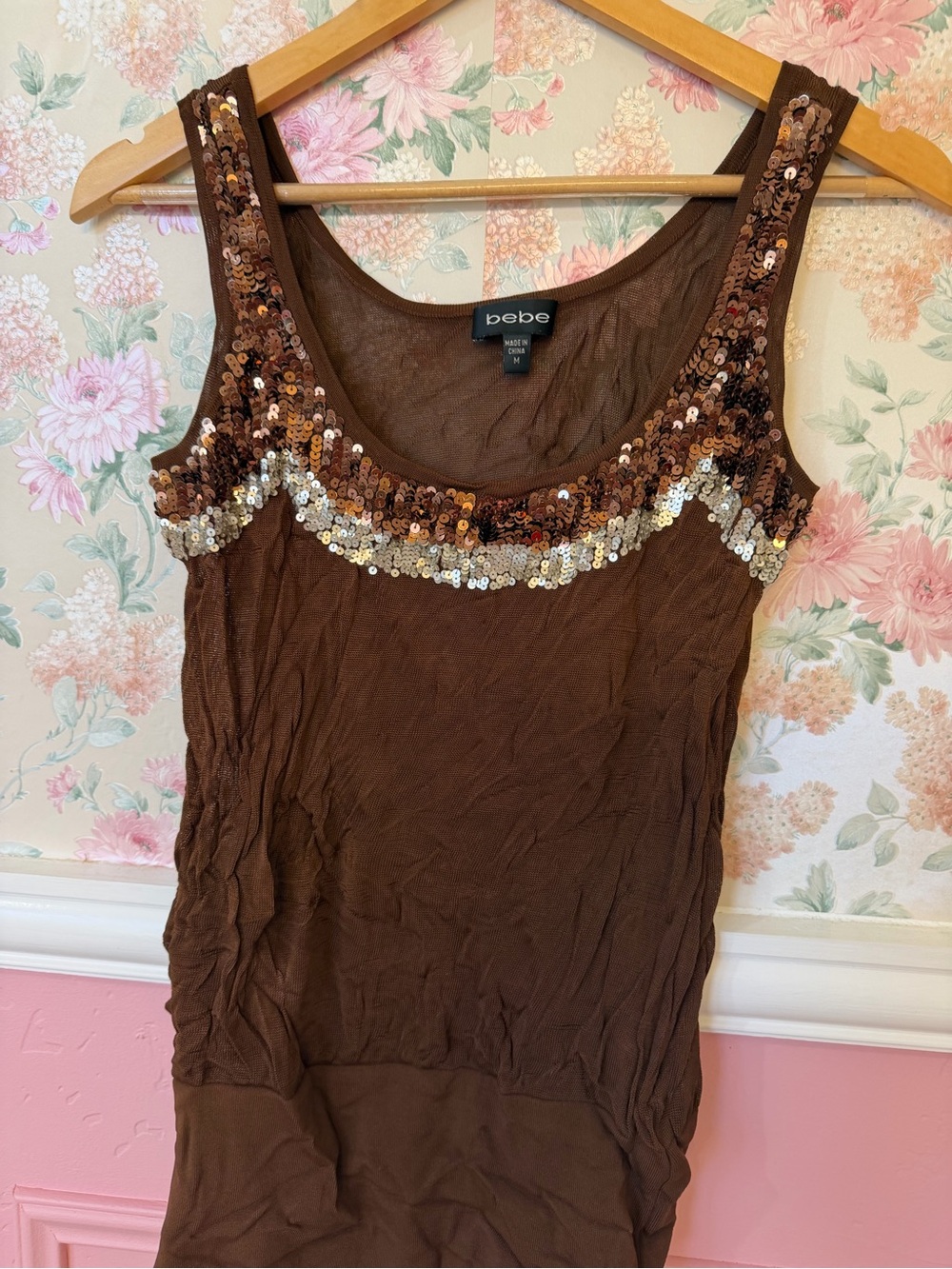 Y2K Bebe Brown Sequin Scoop Neck Tank Top